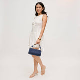Rachel Woven Barrel Clutch | Navy with Beaded Handle & Chain Strap