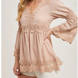 Lace Trimmed Bell Sleeve V-Neck Blouse Nude Pink