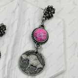 Silver Flower Buffalo Concho Pink Stone Dangle Earrings