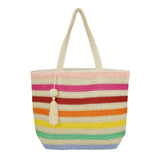 Striped Straw Crochet Tote Bag With Pom Pom Tassel