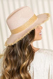 Boho Fringe Edge Woven Straw Panama Sun Hat Pink Tan
