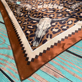 Western Longhorn Print Silky Wild Rag | 36x36 | Mocha & Turquoise