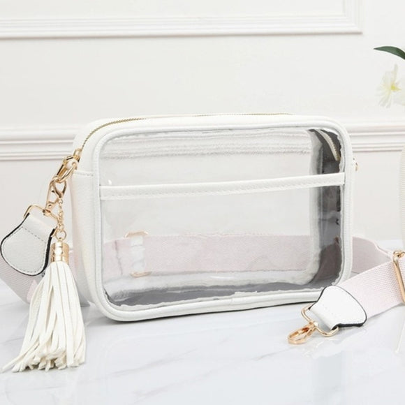 Game Day Stadium Rectangle Tassel Clear Crossbody Bag White