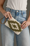 Cream Olive Western Aztec Wool Cotton Suede Wristlet