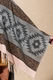 Aztec Leopard Print Fringe Ruana | Cozy Wrap | Gray