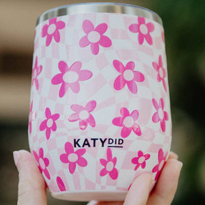 Pink Flower Checkered Stainless Steel Insulated Wine Drink 12 oz Tumbler