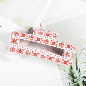 Red White Christmas Snowflake Rectangle Hair Claw Clip