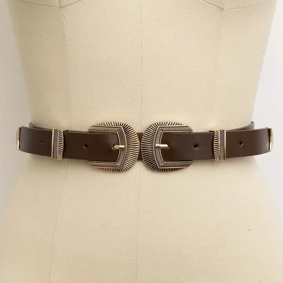 Double Buckle Vegan Leather Western Style Belt Brown