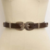 Double Buckle Vegan Leather Western Style Belt Brown