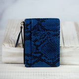 Molly Vegan Leather Snake Print Coin Zipper Tousled Pouch Blue Black