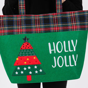 Felt Embroidered Holly Jolly Christmas Tree Tote Bag With Plaid Detail