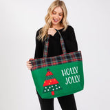 Felt Embroidered Holly Jolly Christmas Tree Tote Bag With Plaid Detail