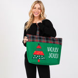 Felt Embroidered Holly Jolly Christmas Tree Tote Bag With Plaid Detail