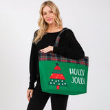 Felt Embroidered Holly Jolly Christmas Tree Tote Bag With Plaid Detail