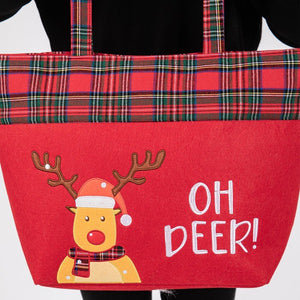 Felt Embroidered Reindeer Tote Bag With Plaid Detail