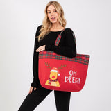 Felt Embroidered Reindeer Tote Bag With Plaid Detail