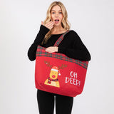 Felt Embroidered Reindeer Tote Bag With Plaid Detail