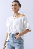 Loose Fit Round Neck Short Sleeve Cotton T Shirt Top Off White