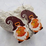 Large Wood Pumpkin Gnome Fall Dangle Earrings