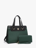 Lexie Two-Tone Vegan Leather Satchel Bag with Wallet in Hunter Green