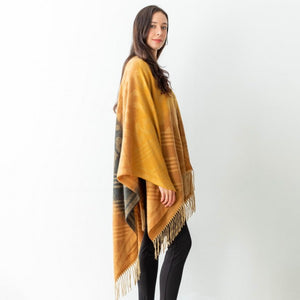 Ruana Wrap Featuring Animal Print Accents and Tassel Edges Tan Charcoal