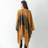 Ruana Wrap Featuring Animal Print Accents and Tassel Edges Tan Charcoal