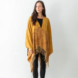 Ruana Wrap Featuring Animal Print Accents and Tassel Edges Tan Charcoal