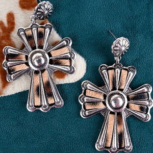 Leopard Stitched Western Southwest Cross Earrings