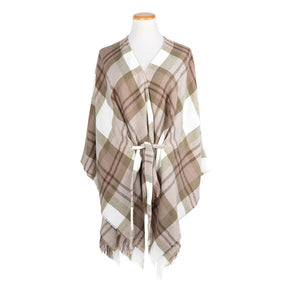 Plaid Knit Kimono Wrap With Belt And Fringe Hem Tan Cream