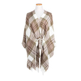 Plaid Knit Kimono Wrap With Belt And Fringe Hem Tan Cream