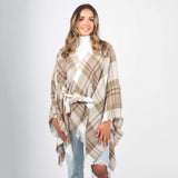 Plaid Knit Kimono Wrap With Belt And Fringe Hem Tan Cream