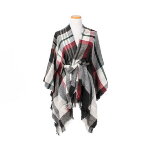 Plaid Knit Kimono Wrap With Belt And Fringe Hem Black White Burgundy