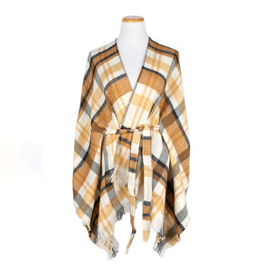 Plaid Knit Kimono Wrap With Belt And Fringe Hem Brown Black White