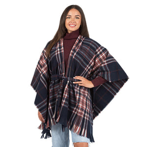 Soft Plaid Ruana Wrap With Tie and Fringe Detail Black Burgundy