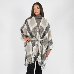 Soft Knit Plaid Ruana Wrap With Tie and Fringe Detail Grey Cream