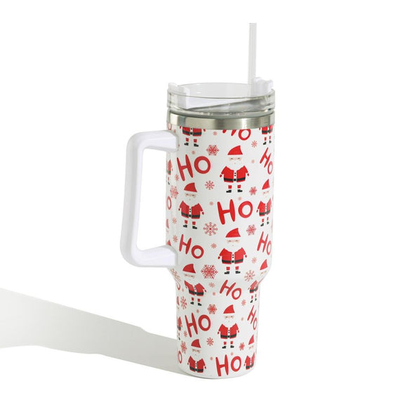 HO HO HO Santa Printed 40 oz Double Wall Stainless Tumbler With Handle Red White