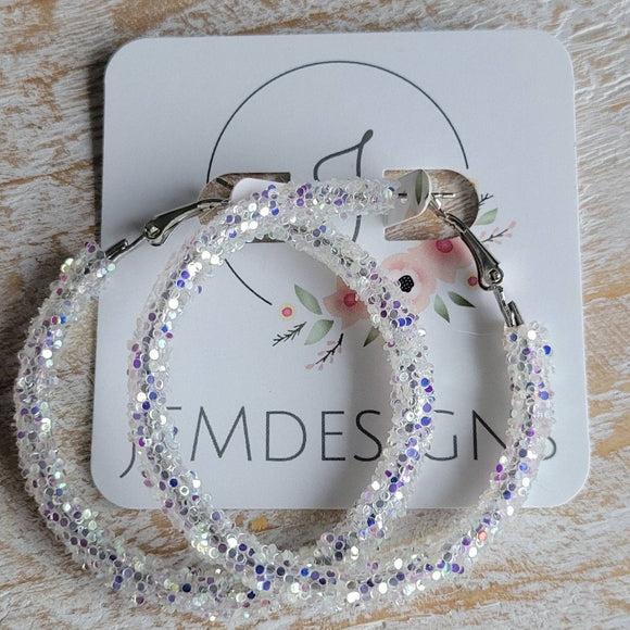 White Iridescent Glitter Hoop Earrings 2 inch or 50mm