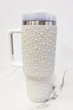40 oz White Pearl Studded Stainless Steel Tumbler with Handle