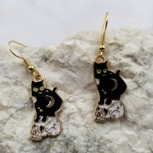 Black Cat on Skull Goth Halloween Earrings