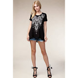 Floral Printed Rhinestone Short Sleeve Knit Top in Black