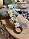 Hand-Cut Distressed Leather Key Fob in White, Black & Gold