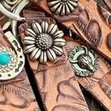 Brown Tooled Leather Keychains Bag Charm Style 3 Silver Sunflower