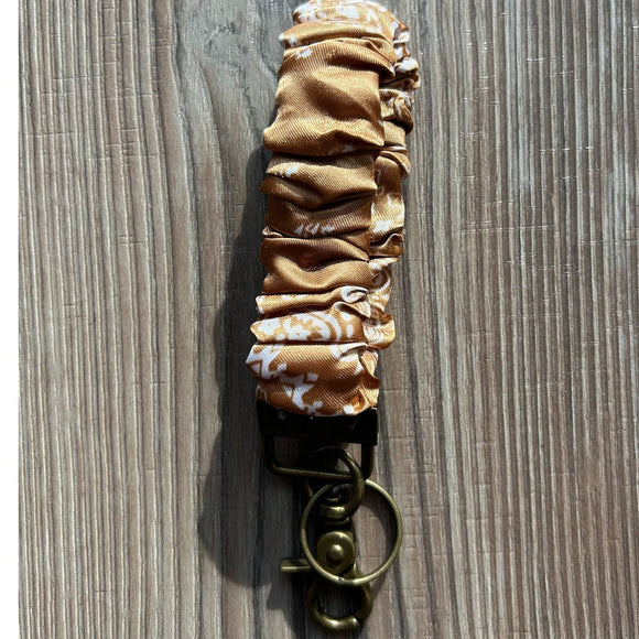 Silky Scrunchie Wristlet Keychain Bag Purse Charm Bronze White Bandana Print