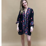 Lightweight Boho Festival Floral Embroidered Anemone Kimono Black