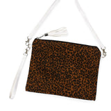 Animal Print Canvas Crossbody Bag | Tassel Zip | Adjustable Strap & Wristlet | Brown