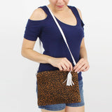 Animal Print Canvas Crossbody Bag | Tassel Zip | Adjustable Strap & Wristlet | Brown