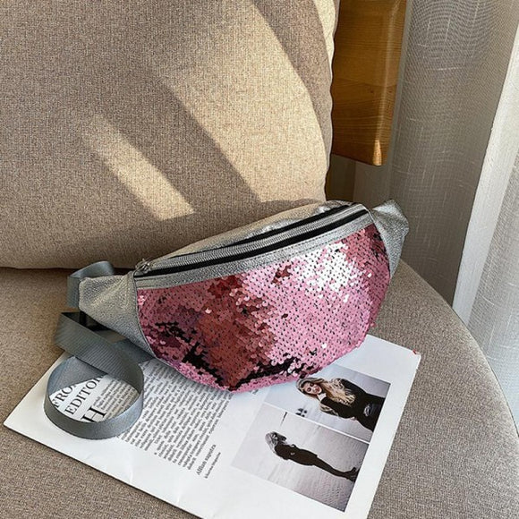 Silver Metallic Vegan Leather and Rose Pink Sequin Fanny Pack Sling Bag