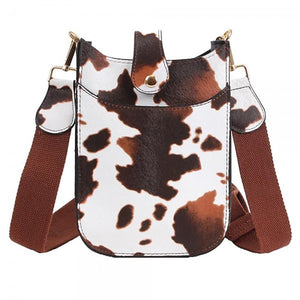 Brown White Cow Print Vegan Leather Cross Body Bag Snap Latch Closure