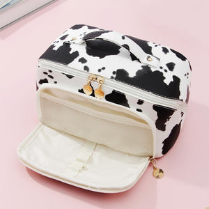 Black White Cow Print Vegan Leather Travel Makeup Bag