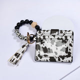 Black White Cow Print Beaded Bracelet Keyring Vegan Leather Wallet Tassel